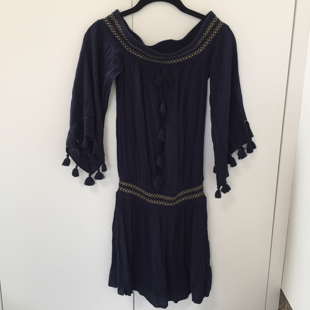 Lilly Pulitzer Navy Blue Tassel Peasant Dress with Gold Trim